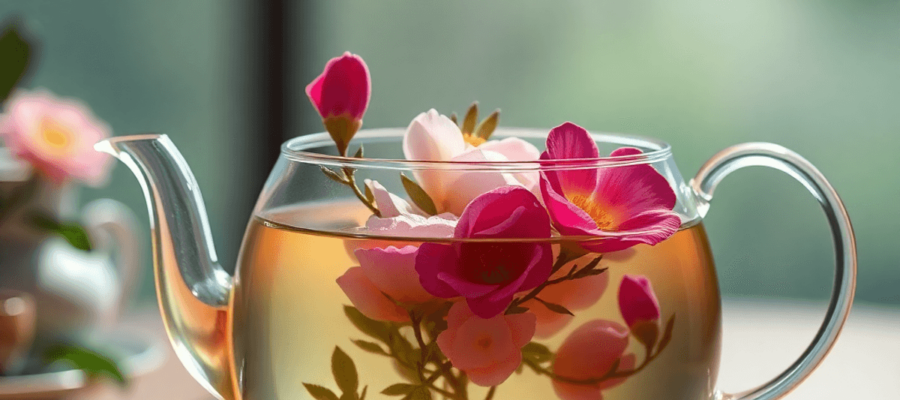 A blooming tea ball unfurls in a clear glass teapot filled with hot water, revealing vibrant flowers like jasmine and rose, set against a serene tea setting.