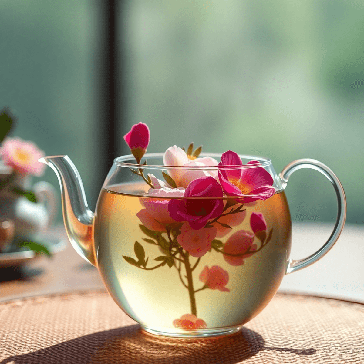 A blooming tea ball unfurls in a clear glass teapot filled with hot water, revealing vibrant flowers like jasmine and rose, set against a serene tea setting.