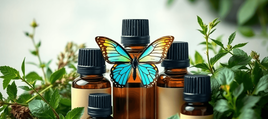 A collection of essential oil bottles surrounded by fresh herbs and plants, with a subtle butterfly representation, set against a calming natural background.