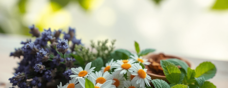 Aesthetic arrangement of lavender, chamomile, and peppermint on a wooden table, with soft sunlight filtering through leaves, evoking tranquility and wellness.