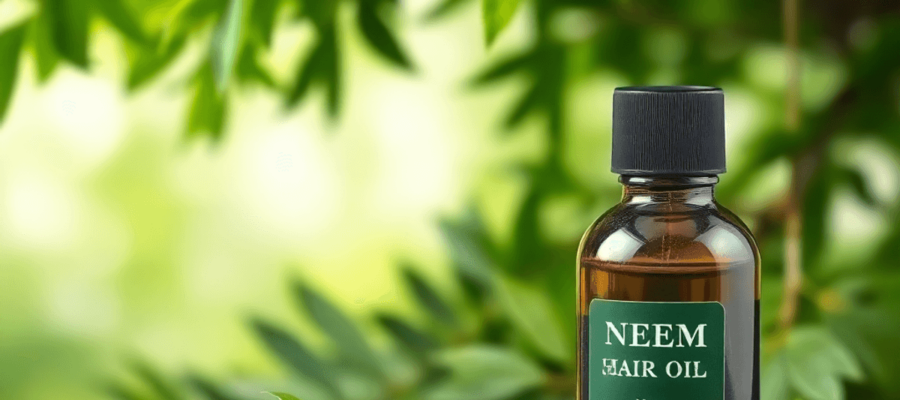 A neem tree with lush green leaves stands beside a small bottle of neem hair oil on a wooden surface, accented by fresh neem leaves and drops of oil.