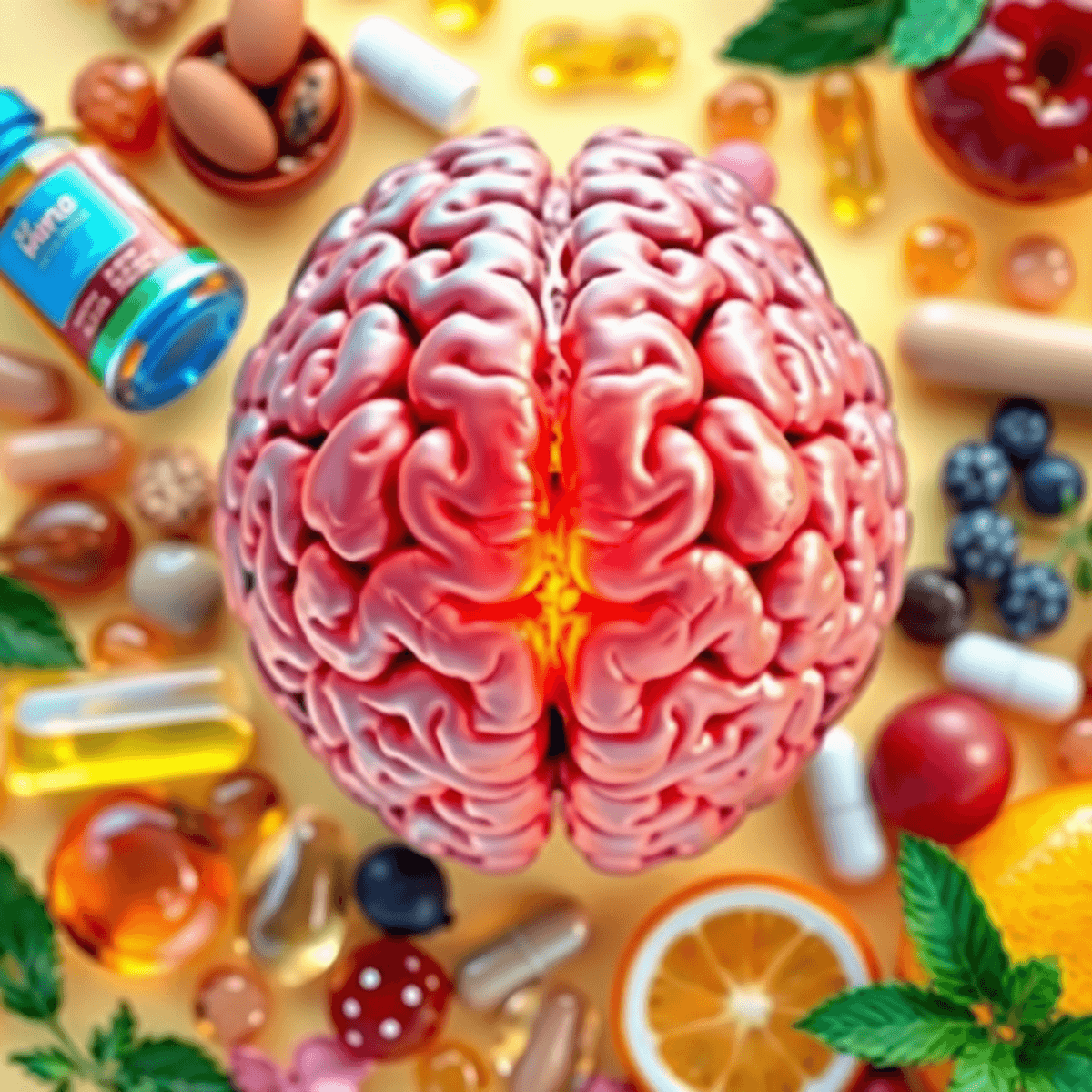 A colorful brain surrounded by vitamins and supplements like omega-3 capsules and fresh antioxidant-rich fruits, set against a bright, vibrant background.