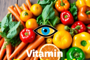 A colorful arrangement of fruits and vegetables, including carrots, oranges, spinach, and bell peppers, on a wooden table, with an eye symbol highlighting eye health.