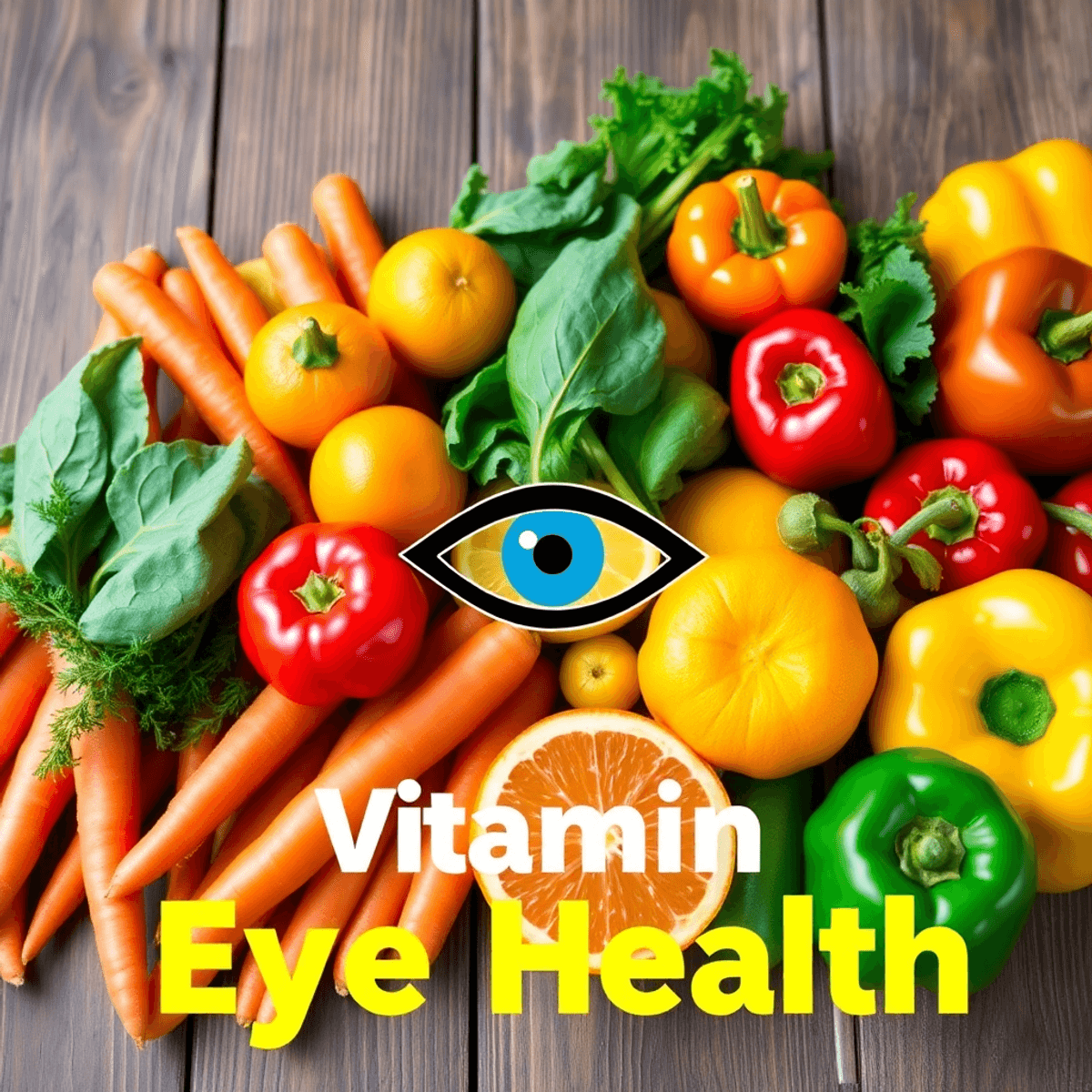 A colorful arrangement of fruits and vegetables, including carrots, oranges, spinach, and bell peppers, on a wooden table, with an eye symbol highlighting eye health.