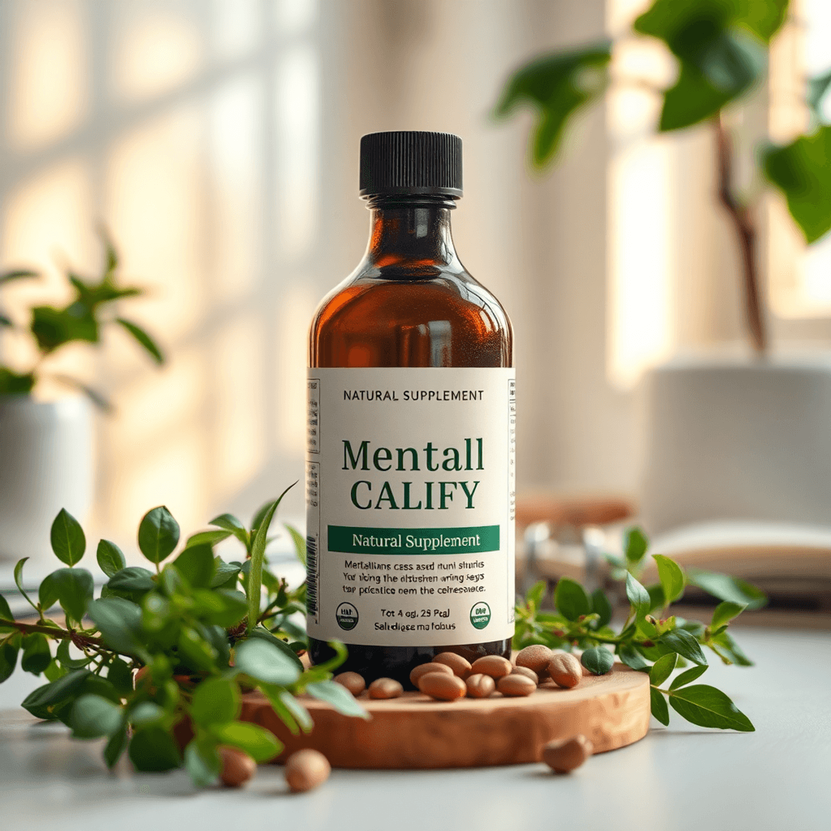 A tranquil workspace with a natural supplement bottle surrounded by fresh herbs and plants, illuminated by soft, warm light filtering through a window.