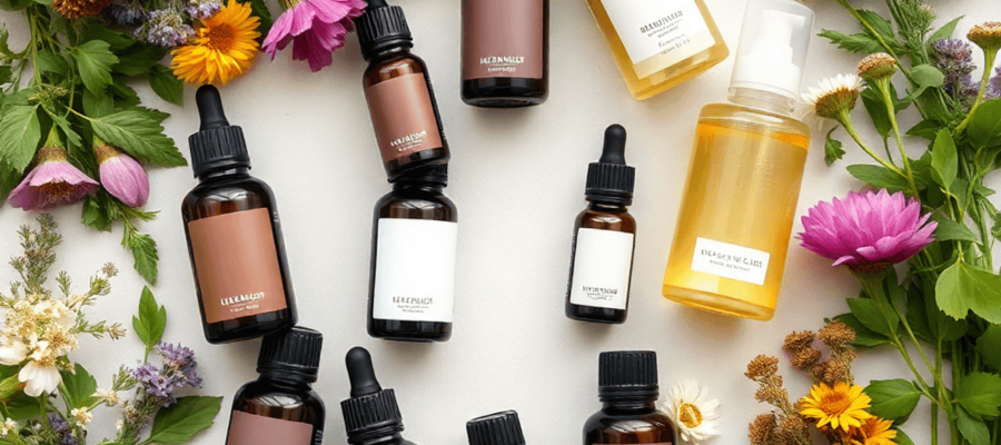 A serene flat lay of essential oil bottles, fresh herbs, and flowers, all arranged in soft lighting with earthy tones, evoking wellness and tranquility.