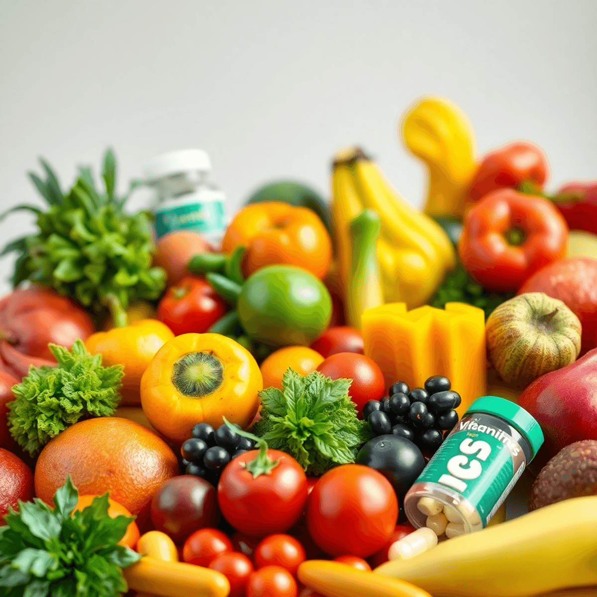 A colorful array of fresh fruits and vegetables alongside vitamin bottles, set against a bright background, symbolizing health and vitality.