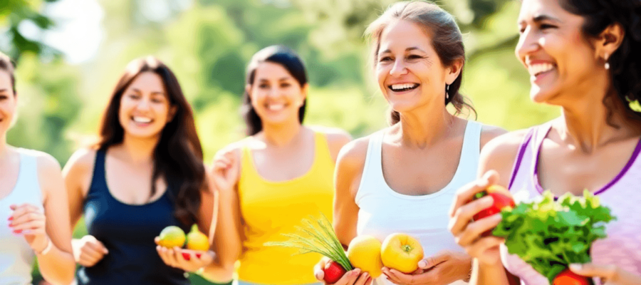 A diverse group of women exercising outdoors, smiling, and enjoying fresh fruits and vegetables in a sunny park, promoting heart-healthy lifestyles and empowerment.