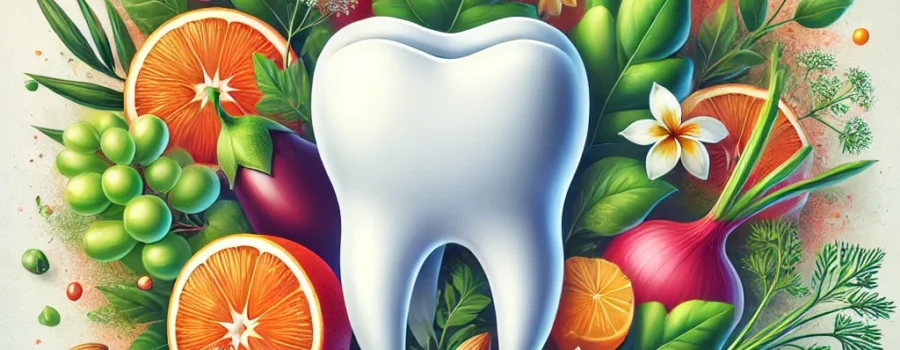 An illustration of a healthy tooth surrounded by vibrant natural elements such as oranges, leafy greens, almonds, carrots, broccoli, and other fruits and vegetables, symbolizing vitamins and nutrition for oral health. The background is soft and clean, emphasizing wellness and vitality