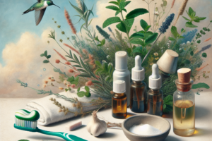 A collection of essential oils, fresh herbs, and a toothbrush on a light background, accompanied by a small bowl of salt, symbolizing natural oral care.