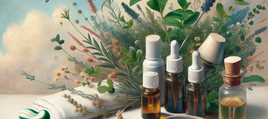 A collection of essential oils, fresh herbs, and a toothbrush on a light background, accompanied by a small bowl of salt, symbolizing natural oral care.