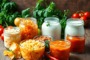 A colorful arrangement of fermented foods like yogurt, sauerkraut, kimchi, and kefir on a wooden table, surrounded by fresh