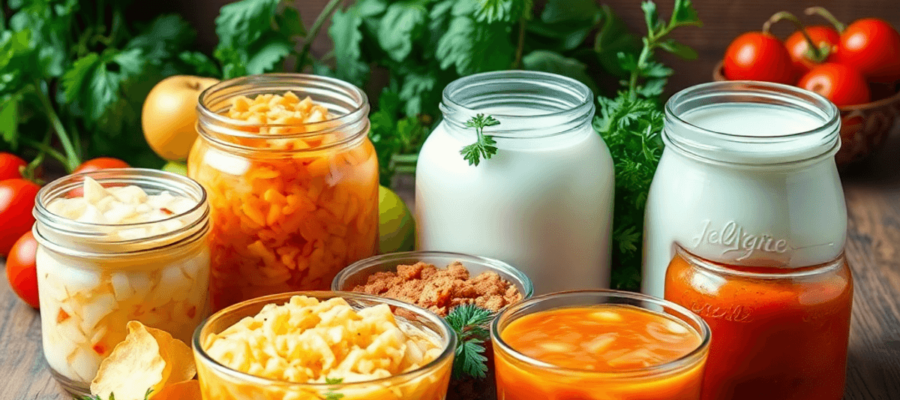 A colorful arrangement of fermented foods like yogurt, sauerkraut, kimchi, and kefir on a wooden table, surrounded by fresh