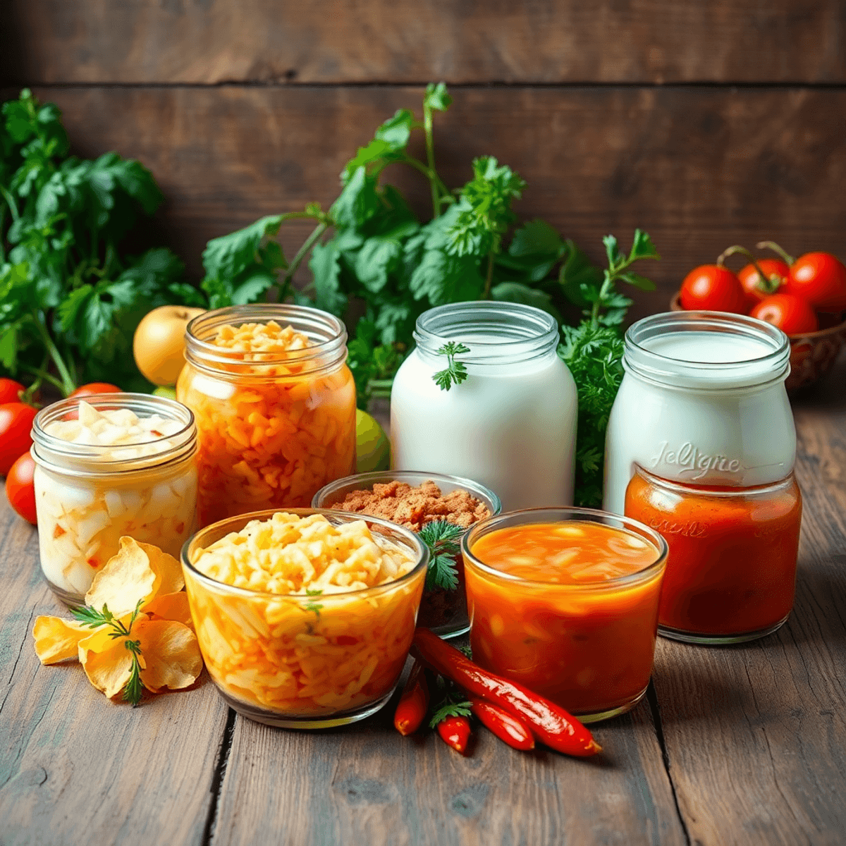 A colorful arrangement of fermented foods like yogurt, sauerkraut, kimchi, and kefir on a wooden table, surrounded by fresh