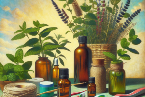 Aesthetic arrangement of essential oil bottles with fresh herbs, a toothbrush, and dental floss on a bright, natural background, symbolizing wellness and holistic care.