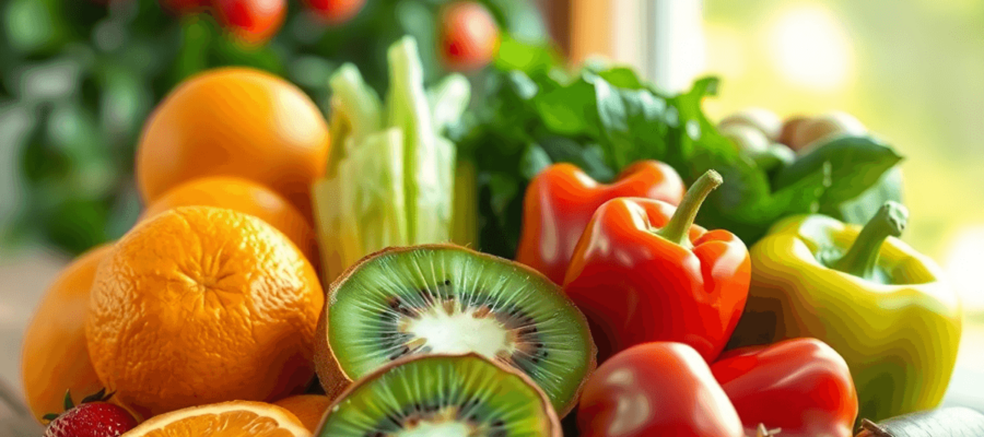 A colorful arrangement of oranges, kiwi, strawberries, and bell peppers on a wooden table, bathed in bright natural light, symbolizing health and vitality.