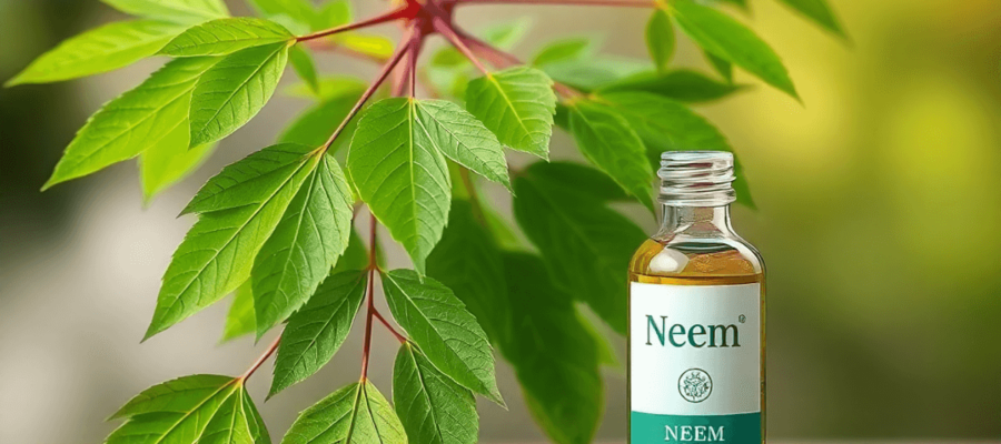 A neem tree with lush green leaves stands prominently, next to a small bottle of neem oil on a wooden surface, with a softly blurred background