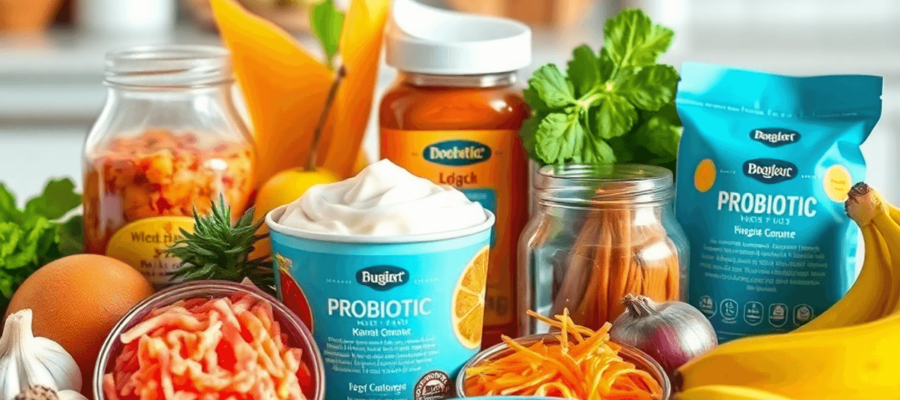 A colorful display of probiotic-rich foods like yogurt, kimchi, and sauerkraut, paired with prebiotic foods such as garlic and bananas, in a clean kitchen setting.