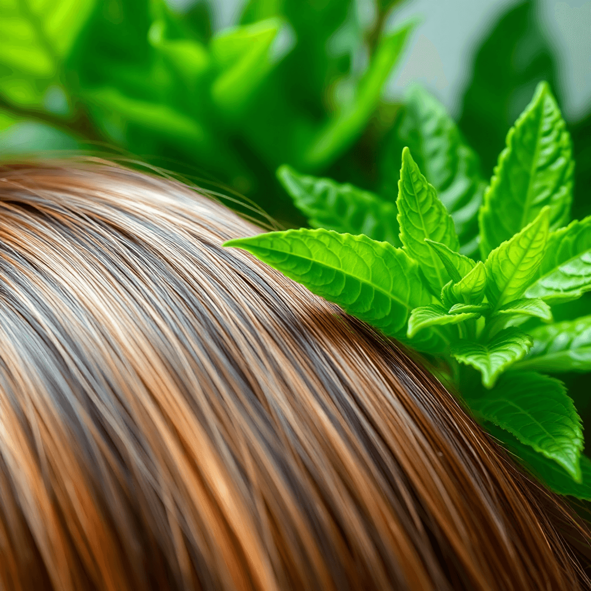 Close-up of shiny, healthy hair strands with a lush green plant in the background, emphasizing vitality and strength in a realistic style.