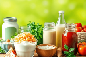 A colorful arrangement of probiotic-rich foods like yogurt, kefir, sauerkraut, and kombucha on a wooden table, surrounded by fresh herbs and fruits in a bright setting.