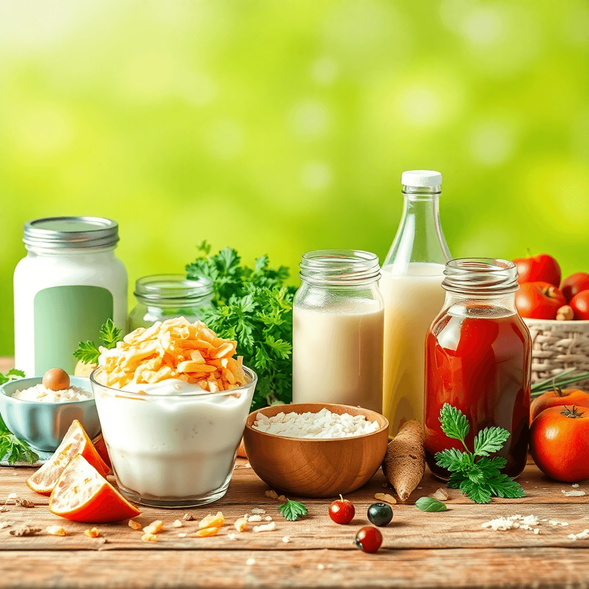 A colorful arrangement of probiotic-rich foods like yogurt, kefir, sauerkraut, and kombucha on a wooden table, surrounded by fresh herbs and fruits in a bright setting.