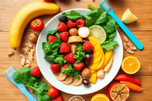 A colorful flat lay of a healthy meal with fruits, vegetables, leafy greens, and nuts on a wooden table, accompanied by a toothbrush and a small tooth model.