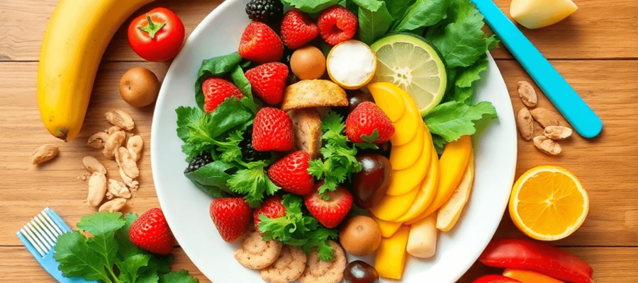 A colorful flat lay of a healthy meal with fruits, vegetables, leafy greens, and nuts on a wooden table, accompanied by a toothbrush and a small tooth model.