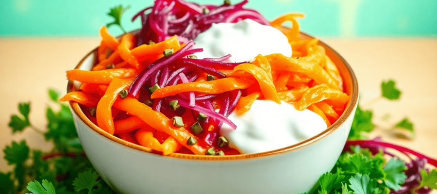 A colorful bowl filled with yogurt, kimchi, and sauerkraut, surrounded by fresh herbs against a bright background symbolizing health and wellness.