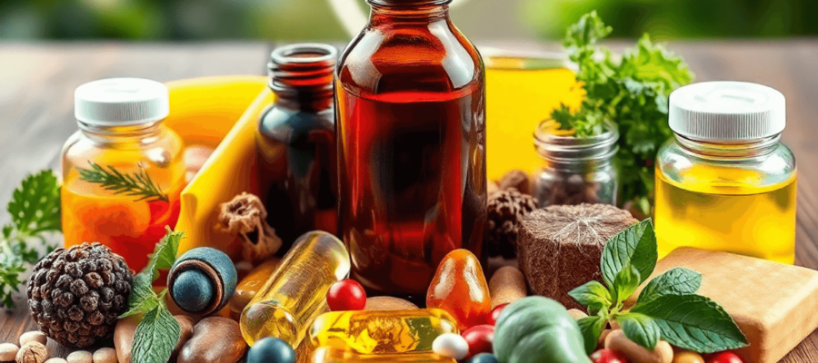 A colorful arrangement of various vitamins and minerals on a wooden table, with a subtle ear symbol in the background, emphasizing health and nutrition.