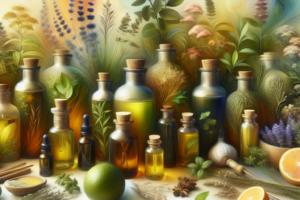 oil bottles arranged with fresh herbs and plants, set against a soft-focus nature background, creating a calming atmosphere of natural wellness.