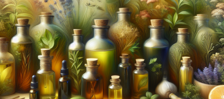 oil bottles arranged with fresh herbs and plants, set against a soft-focus nature background, creating a calming atmosphere of natural wellness.