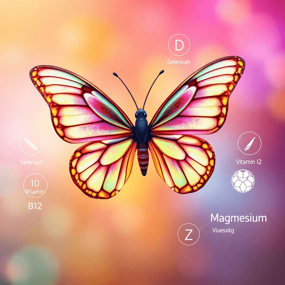 A butterfly-shaped thyroid gland highlighted against a vibrant background, surrounded by symbols of vitamins and minerals, symbolizing health and vitality.