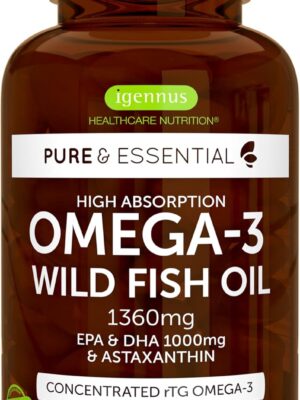 Igennus Ultra Pure Omega 3 Triglyceride rTG Wild Fish Oil 1360mg, IFOS Certified, for Women &…