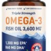 Triple Strength Omega 3 Fish Oil 3600 mg | EPA & DHA | Over 2100mg Omega-3 Fatty Acids | 1300mg...