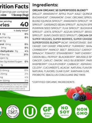 Orgain Organic Greens Powder + 50 Superfoods, Berry – 1 Billion Probiotics for Digestive Health,…