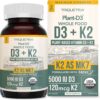 Organic Plant D3 + K2 | 5000 iu D3 + 120 mcg K2 as All-Trans MK7 from MenaQ7 - 100% Whole Food, Raw & Vegan | Enhanced Digestion with Prebiotic & Superfood Complex  D3 from Organic Algae (60 Count)
