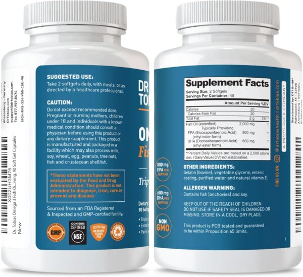 Dr. Tobias Omega 3 Fish Oil, 2000mg Triple Strength with 800mg EPA 600mg DHA Per Serving, Fish…