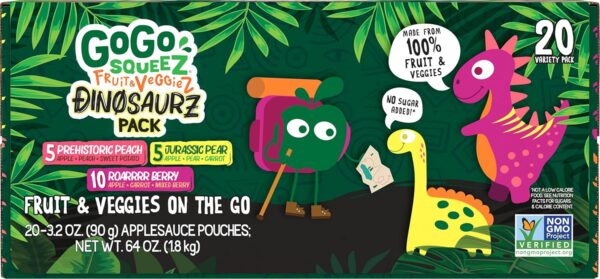 GoGo squeeZ Fruit & veggieZ Applesauce and Puree Variety Pack, Jurassic Pear, Roarrrr Berry &…