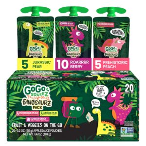 GoGo squeeZ Fruit & veggieZ Applesauce and Puree Variety Pack, Jurassic Pear, Roarrrr Berry &...