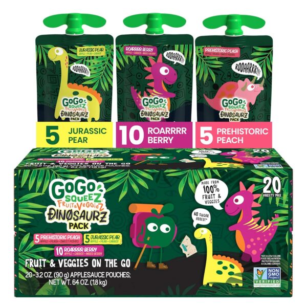 GoGo squeeZ Fruit & veggieZ Applesauce and Puree Variety Pack, Jurassic Pear, Roarrrr Berry &...