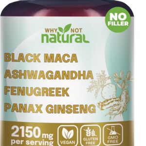 Why Not Natural 4-in-1 Organic Black Maca Root, Ashwagandha, Fenugreek, Panax Ginseng Capsules,...