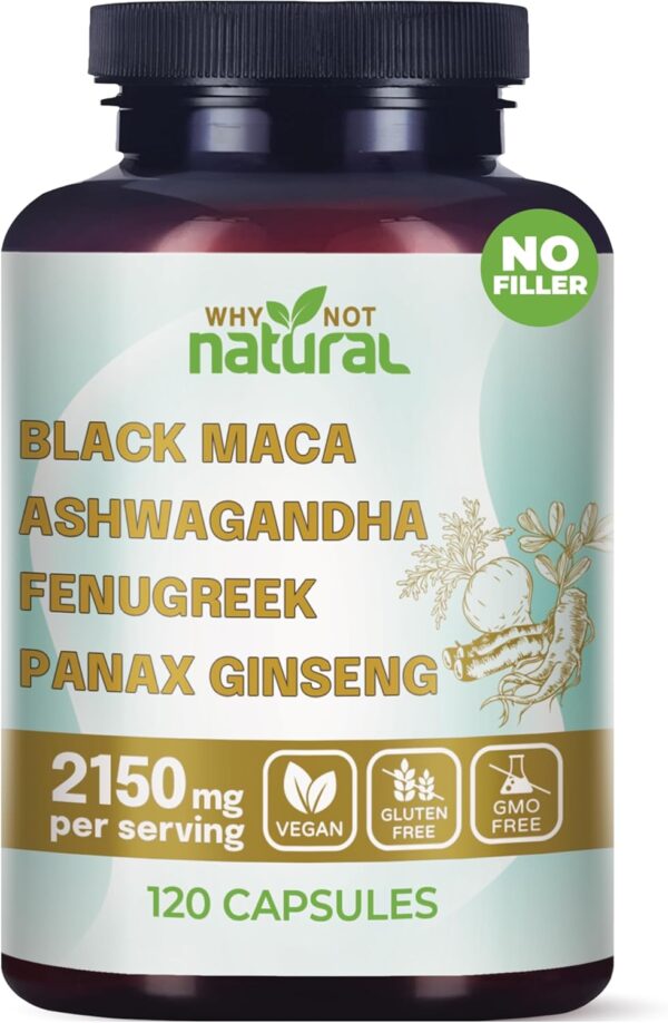 Why Not Natural 4-in-1 Organic Black Maca Root, Ashwagandha, Fenugreek, Panax Ginseng Capsules,...