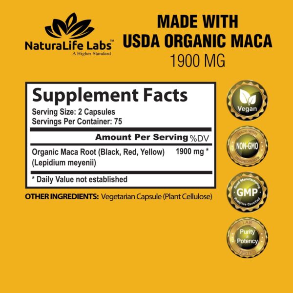 Organic Maca Root Black, Red, Yellow 1900 MG per Serving – 150 Vegan Capsules Peruvian Maca Root…