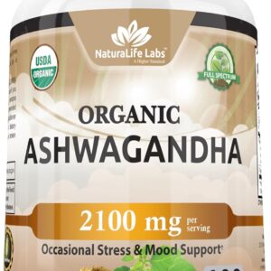 Organic Ashwagandha 2,100 mg - 100 Veggie Capsules Pure Organic Ashwagandha Powder and Root...