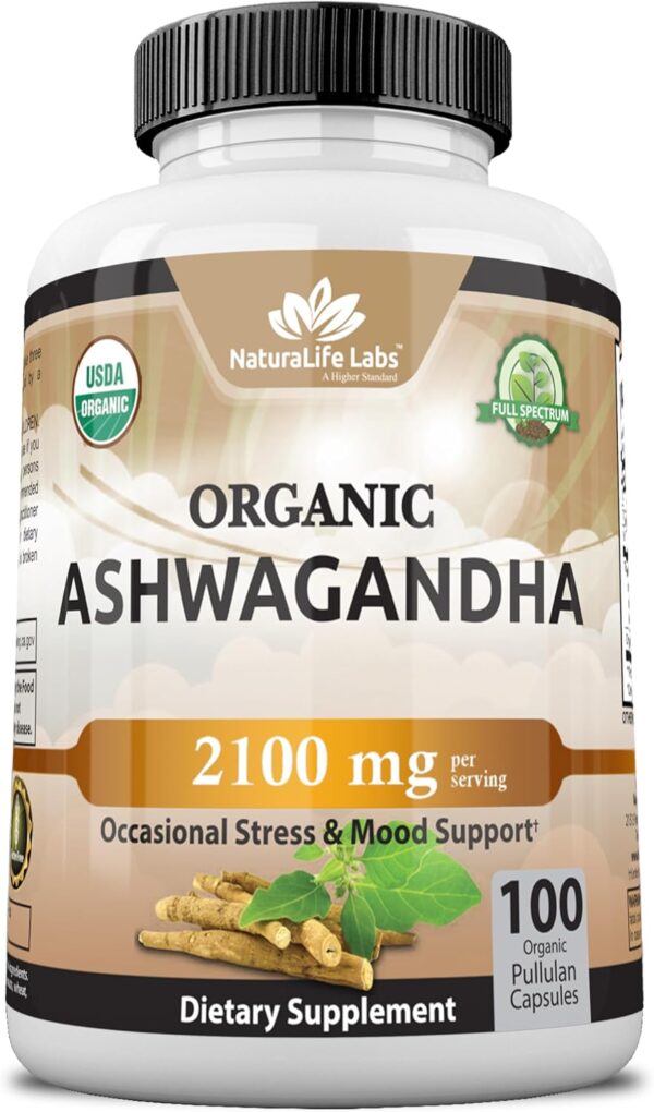 Organic Ashwagandha 2,100 mg - 100 Veggie Capsules Pure Organic Ashwagandha Powder and Root...