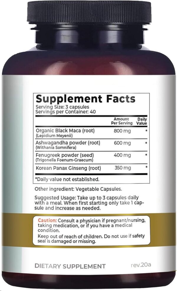 Why Not Natural 4-in-1 Organic Black Maca Root, Ashwagandha, Fenugreek, Panax Ginseng Capsules,…