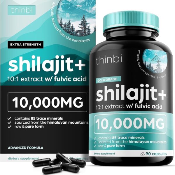 Thinbi Pure Himalayan Shilajit 10000mg Maximum Potency Organic Capsules 90 Count with Fulvic...