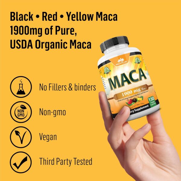 Organic Maca Root Black, Red, Yellow 1900 MG per Serving – 150 Vegan Capsules Peruvian Maca Root…