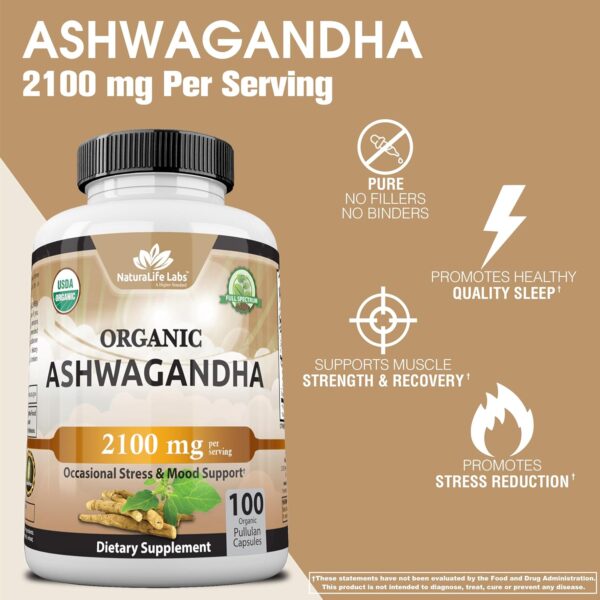 Organic Ashwagandha 2,100 mg – 100 Veggie Capsules Pure Organic Ashwagandha Powder and Root…