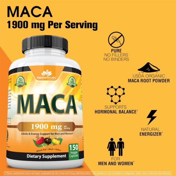 Organic Maca Root Black, Red, Yellow 1900 MG per Serving – 150 Vegan Capsules Peruvian Maca Root…